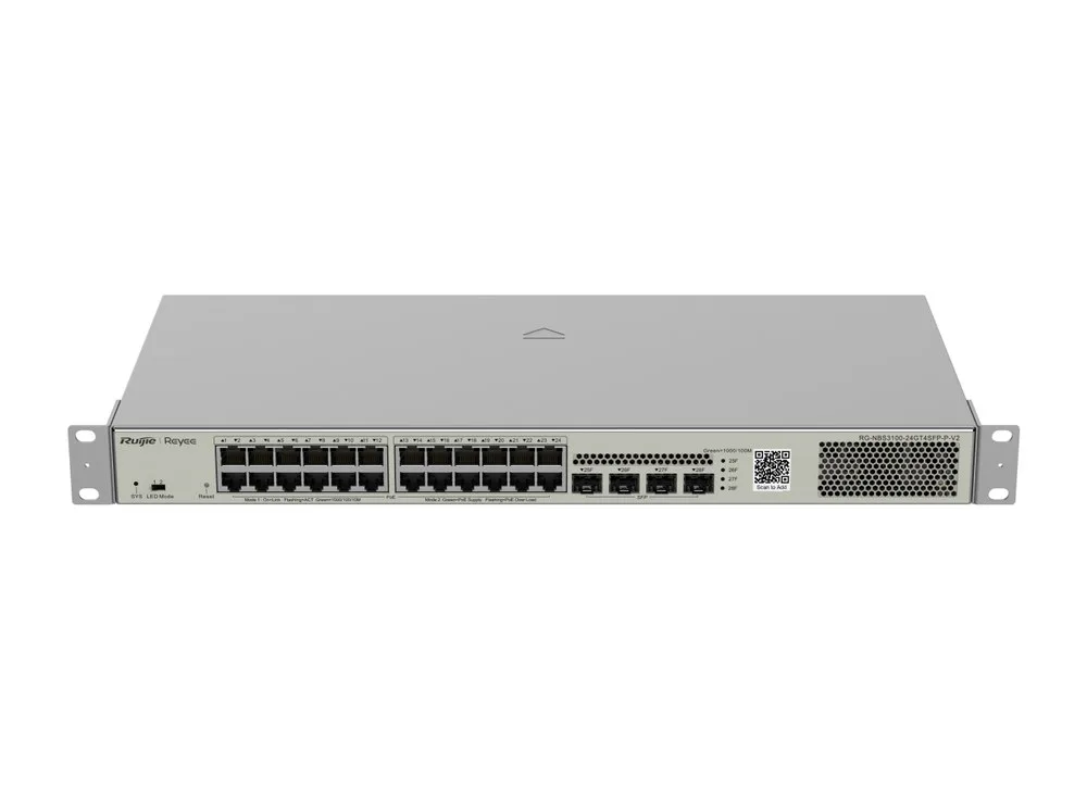 Switch PoE Layer 2 Reyee RG-NBS3100-24GT4SFP-P-V2 nhìn từ phía trước, phía trên