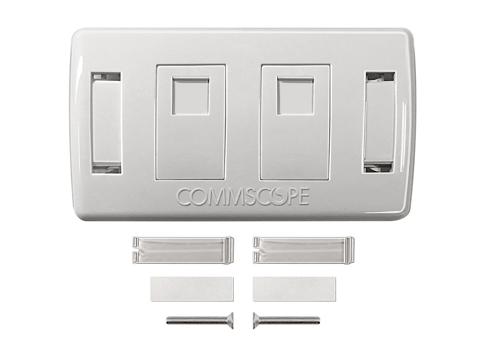 Mặt mạng 2 cổng Commscope 2-1427030-2 màu trắng cùng nắp ô nhãn, tấm nhãn và vít bắt