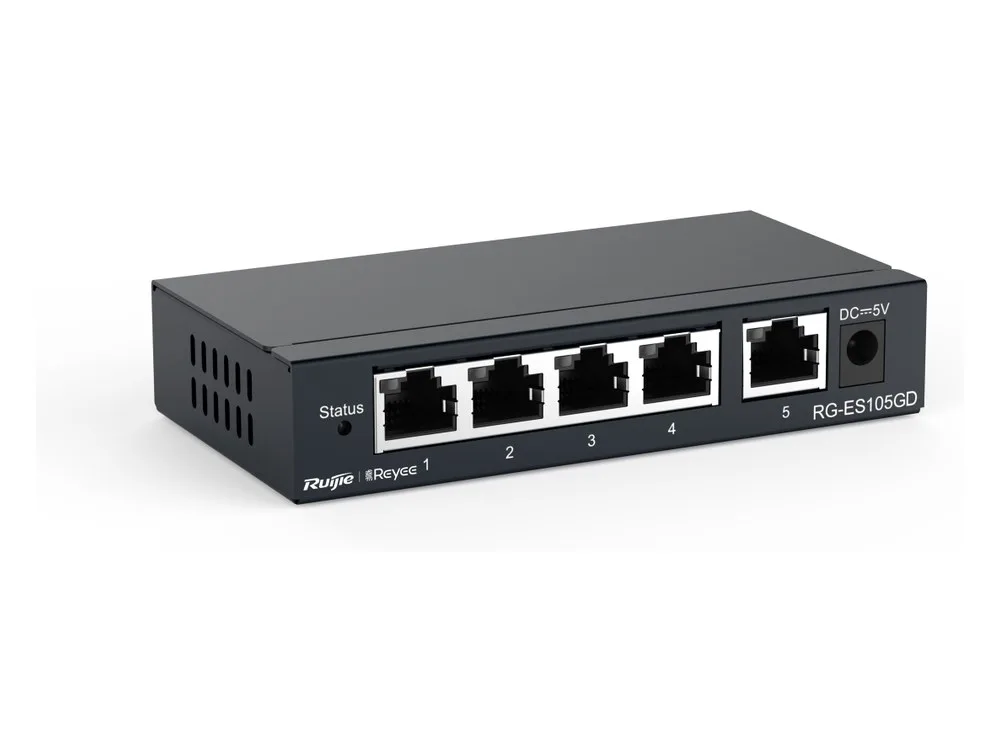 RG-ES105GD vỏ kim loại chụp nghiêng, thấy 5 cổng RJ45 và cổng nguồn DC trên mặt trước
