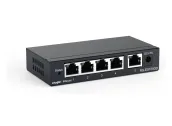 Ảnh thu nhỏ RG-ES105GD vỏ kim loại chụp nghiêng, thấy 5 cổng RJ45 và cổng nguồn DC trên mặt trước
