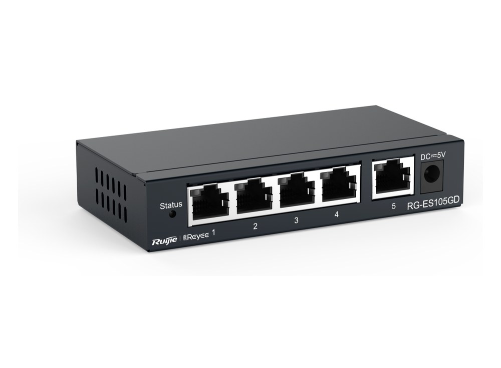 RG-ES105GD vỏ kim loại chụp nghiêng, thấy 5 cổng RJ45 và cổng nguồn DC trên mặt trước