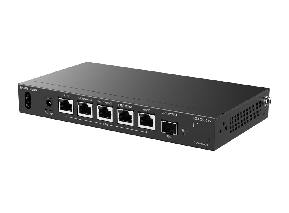 Router Reyee RG-EG406XS 5 cổng 2,5G và 1 cổng SFP+ nhìn chéo bên phải, ảnh hãng Ruijie