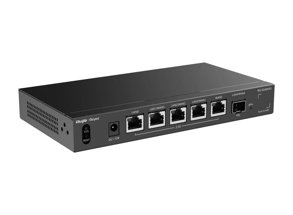 RG-EG406XS nhìn chéo từ bên trái, router 2,5G dòng EG400 của Reyee