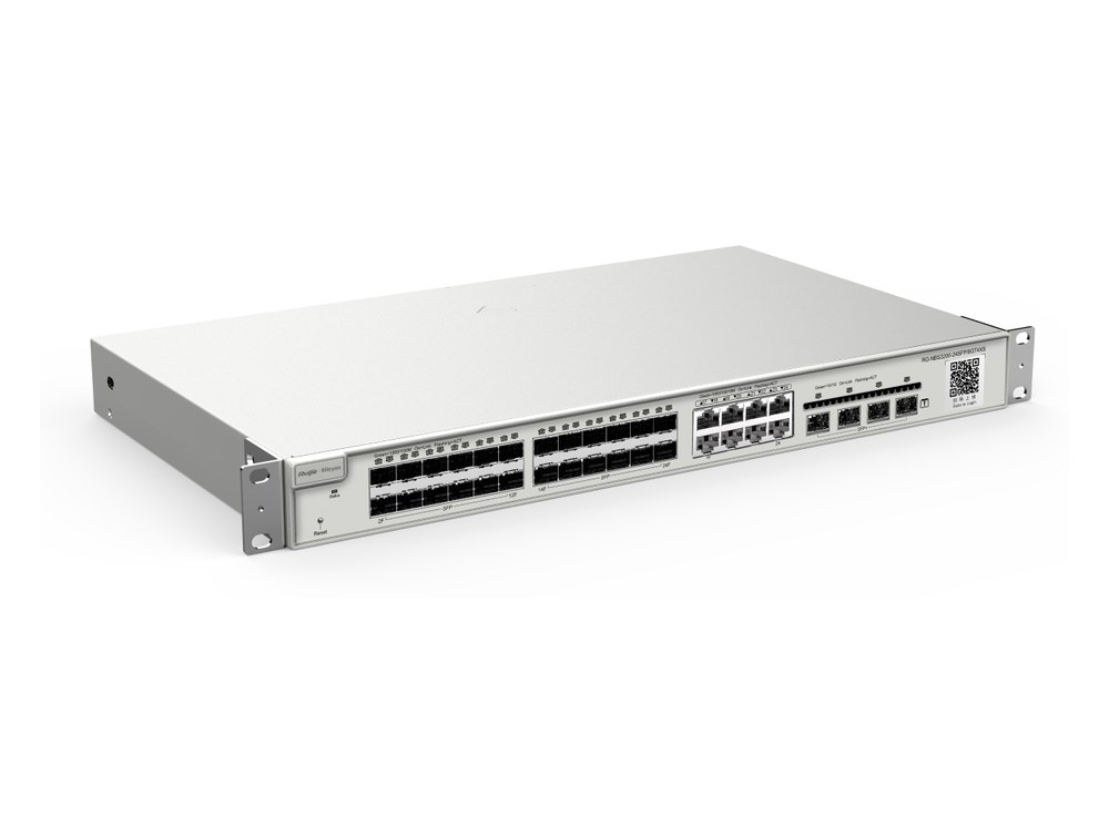 Switch Layer 2+ RG-NBS3200-24SFP/8GT4XS nhìn chéo từ phía trước, ảnh hãng