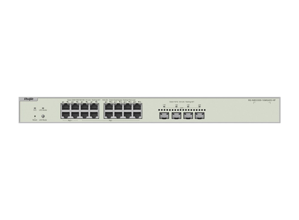 Mặt trước RG-NBS3300-16MG4XS-HP với 16 cổng RJ45 và 4 cổng SFP+, ảnh hãng