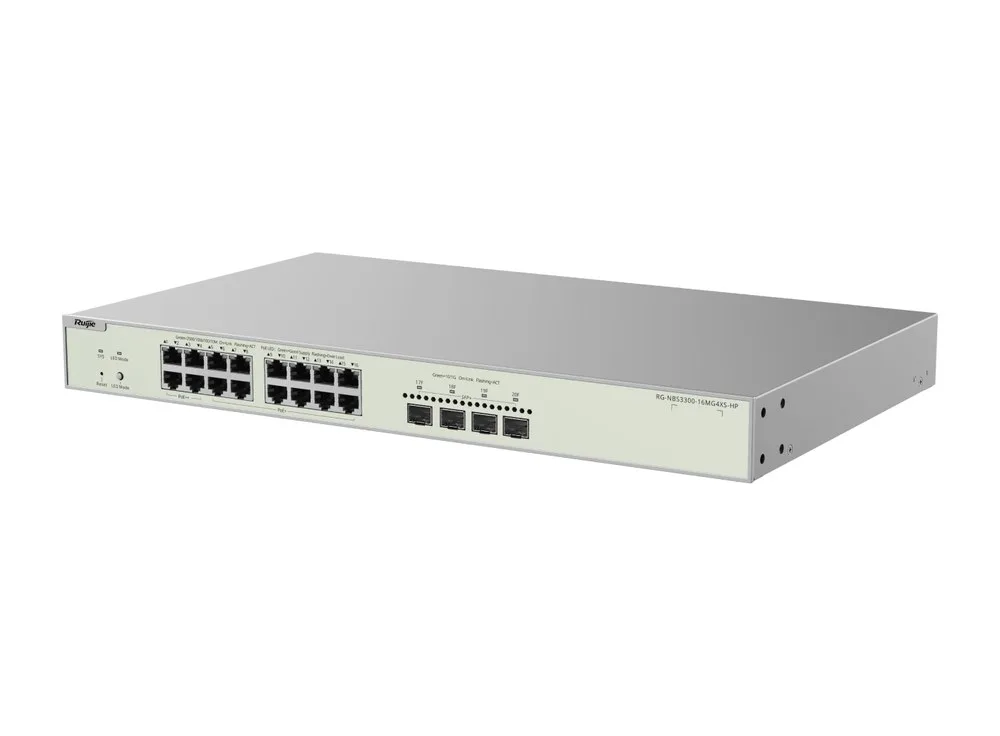 Switch PoE 2,5 Gbps RG-NBS3300-16MG4XS-HP chụp góc nghiêng, ảnh hãng Ruijie