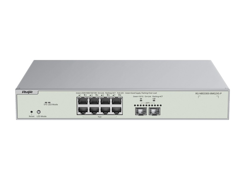 Mặt trước switch 8 cổng 2,5 Gbps Ruijie RG-NBS3300-8MG2XS-P, ảnh hãng