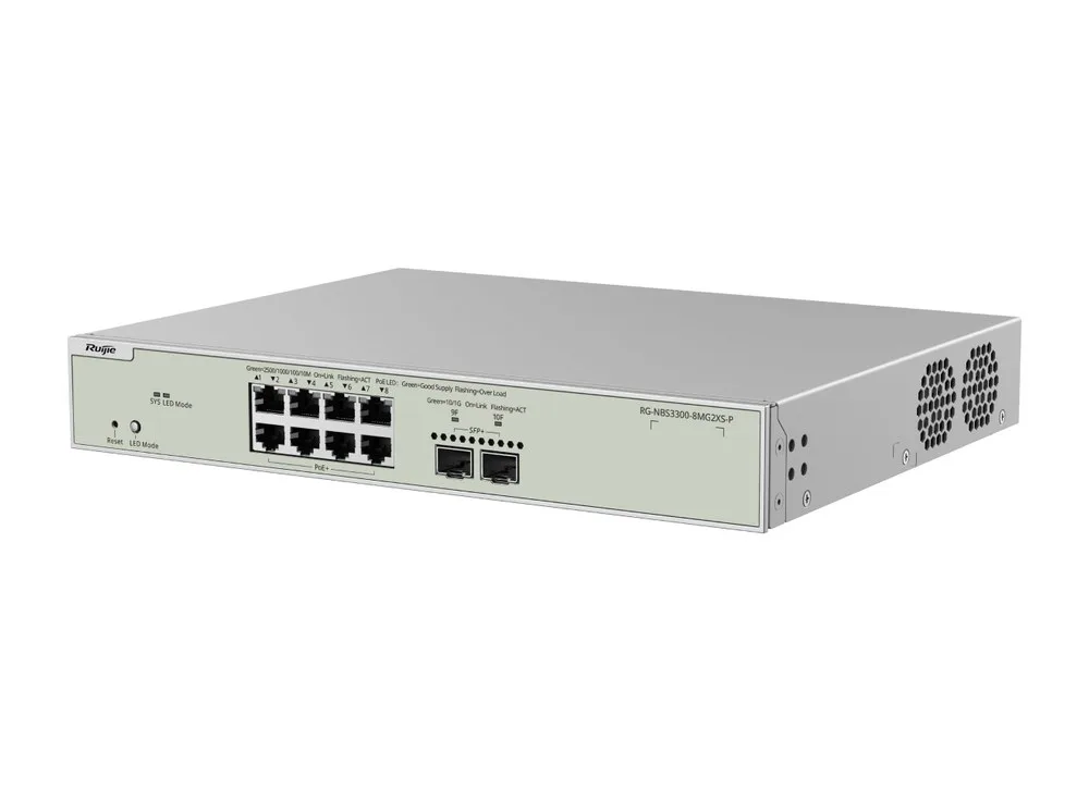 Switch PoE+ Ruijie RG-NBS3300-8MG2XS-P nhìn chéo từ phía trước, ảnh hãng