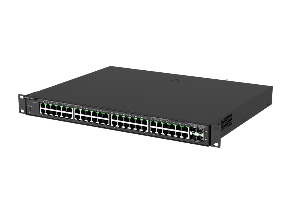 RG-NBS3100-48GT4SFP-P nhìn chéo từ bên trái, 48 cổng PoE+ và 4 cổng SFP