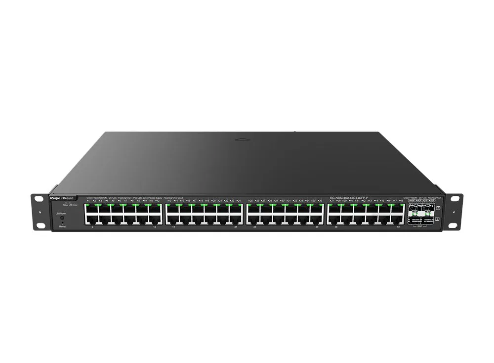 Switch PoE 52 cổng Reyee RG-NBS3100-48GT4SFP-P nhìn từ phía trước, phía trên