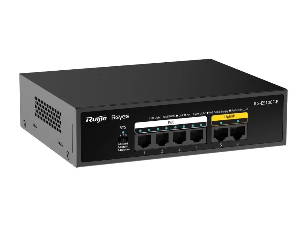 Switch PoE RG-ES106F-P vỏ kim loại chụp nghiêng mặt trước với 6 cổng RJ45