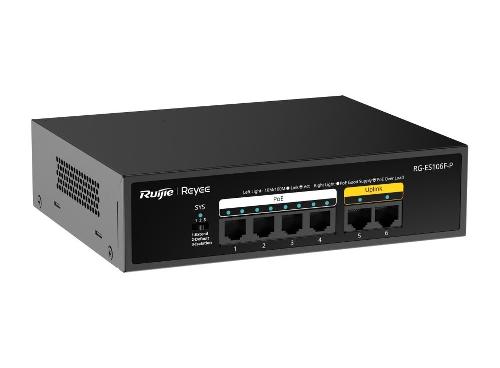 Switch PoE RG-ES106F-P vỏ kim loại chụp nghiêng mặt trước với 6 cổng RJ45