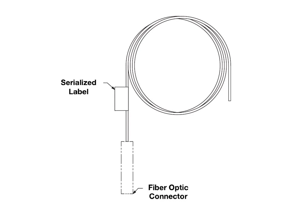 Bản vẽ pigtail simplex 900 µm của Panduit: vị trí nhãn serial và đầu nối, trang NKFPX1BN1NNM001