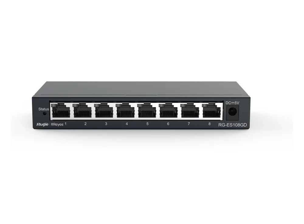 RG-ES108GD vỏ kim loại chụp nghiêng, dãy 8 cổng RJ45 Gigabit và cổng nguồn DC ở mặt trước