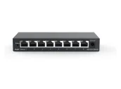 Ảnh thu nhỏ RG-ES108GD vỏ kim loại chụp nghiêng, dãy 8 cổng RJ45 Gigabit và cổng nguồn DC ở mặt trước