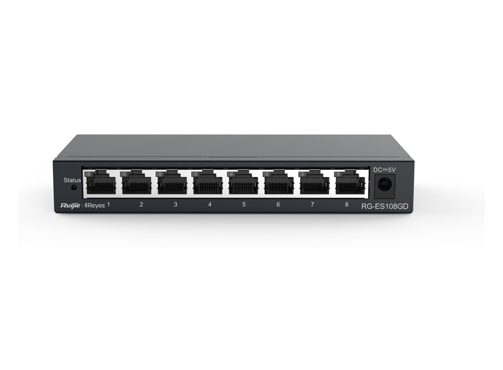 RG-ES108GD vỏ kim loại chụp nghiêng, dãy 8 cổng RJ45 Gigabit và cổng nguồn DC ở mặt trước