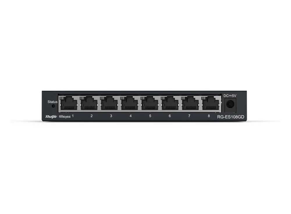 Mặt trước RG-ES108GD chụp thẳng: đèn Status, 8 cổng RJ45 và cổng nguồn DC