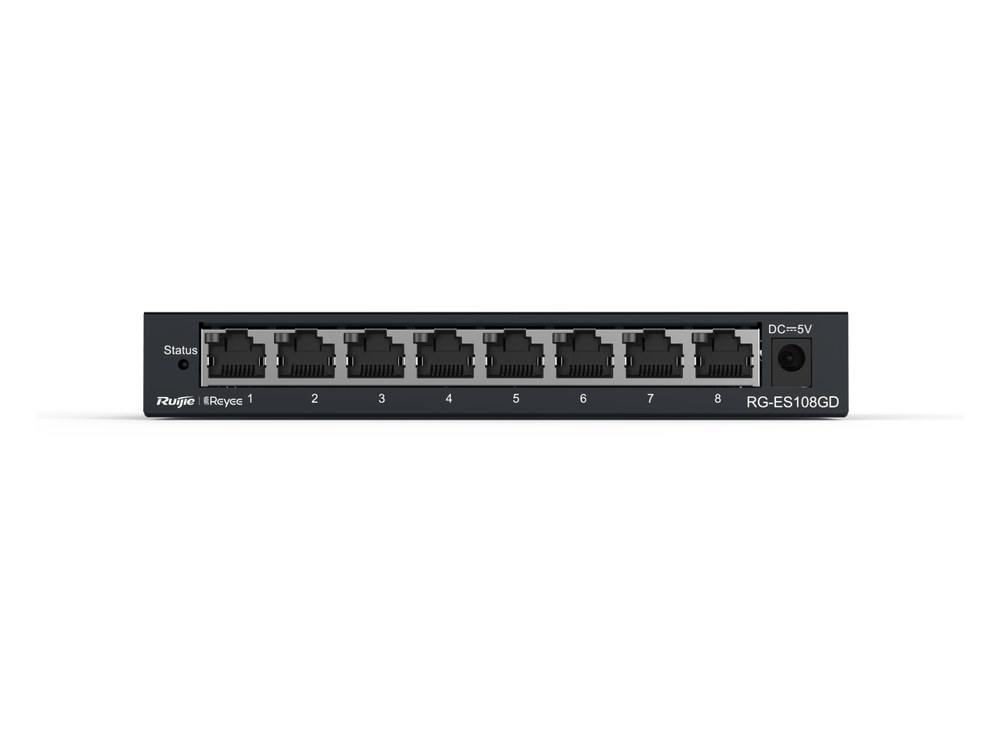 Mặt trước RG-ES108GD chụp thẳng: đèn Status, 8 cổng RJ45 và cổng nguồn DC