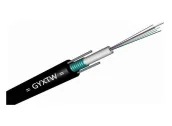 Ảnh thu nhỏ Cáp quang GYXTW 4 sợi OM4 của KCO, đầu cáp bóc vỏ thấy ống lỏng, băng thép và hai dây thép