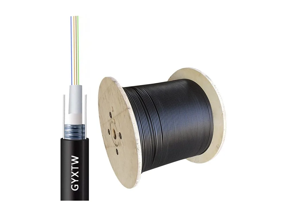 Đầu cáp GYXTW bóc lớp cạnh cuộn cáp gỗ, ảnh hãng KCO giới thiệu kiểu cáp ống lỏng trung tâm