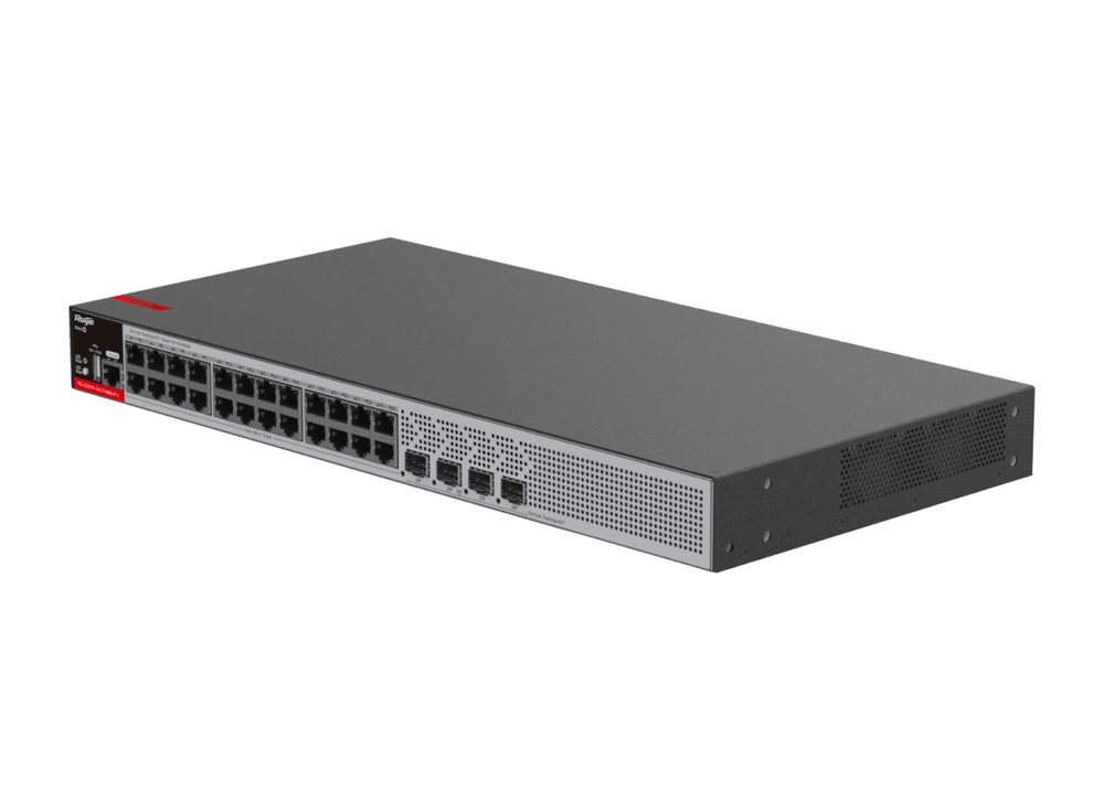 Switch PoE+ Ruijie RG-S2915-24GT4MS-P-L nhìn chéo phía trước, ảnh hãng