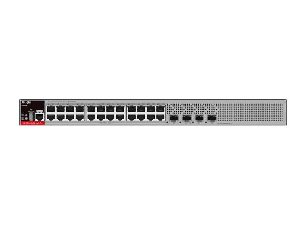 Mặt trước RG-S2915-24GT4MS-P-L với 24 cổng PoE+ và 4 cổng SFP, ảnh hãng