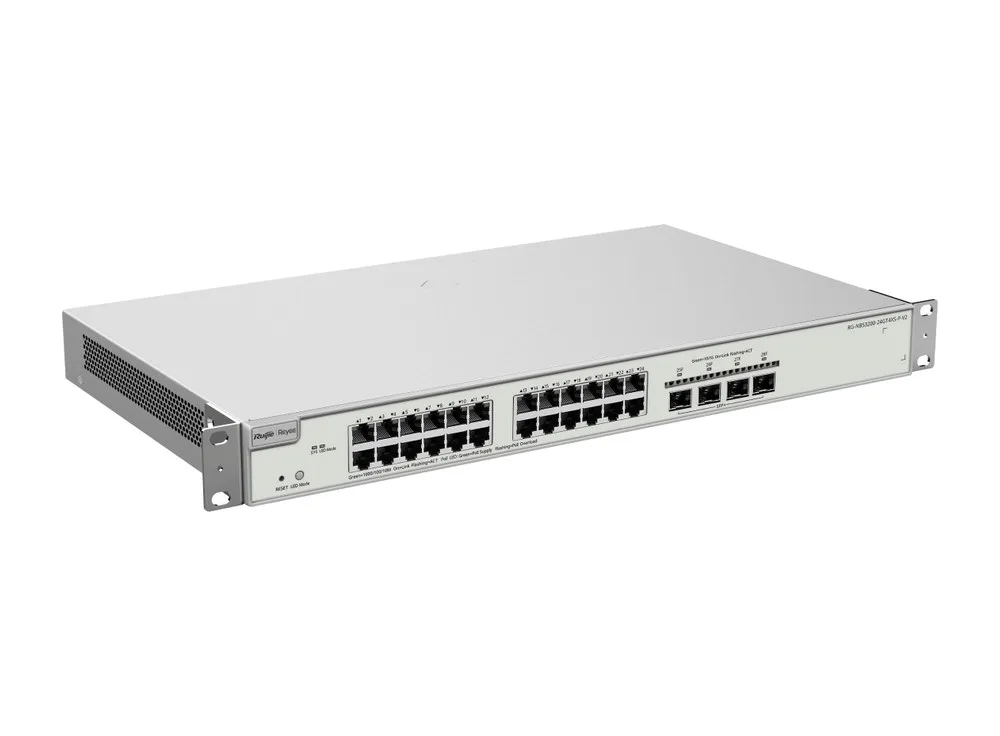Switch PoE RG-NBS3200-24GT4XS-P-V2 nhìn chéo từ bên trái, 24 cổng PoE+ và 4 cổng SFP+