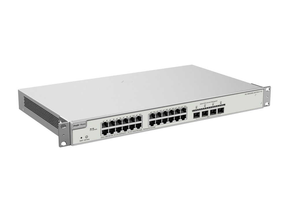 Switch PoE RG-NBS3200-24GT4XS-P-V2 nhìn chéo từ bên trái, 24 cổng PoE+ và 4 cổng SFP+
