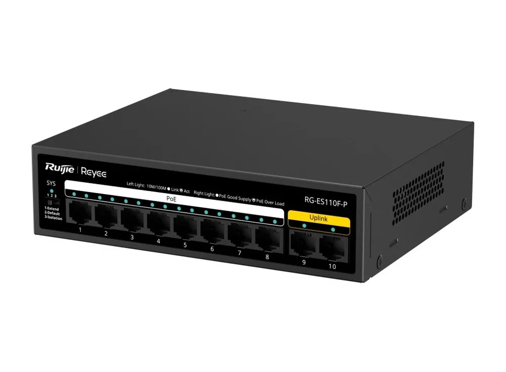 RG-ES110F-P chụp nghiêng mặt trước: 8 cổng PoE, 2 cổng 9–10 và công tắc DIP