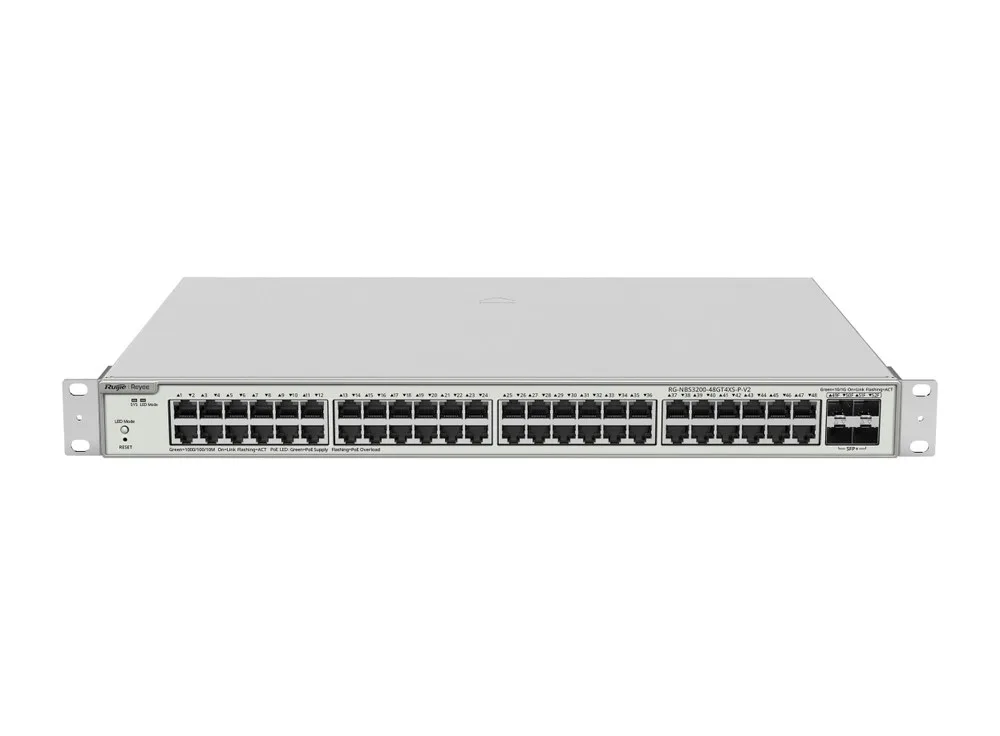 Switch PoE Layer 2+ 52 cổng Reyee RG-NBS3200-48GT4XS-P-V2 nhìn từ phía trước, phía trên
