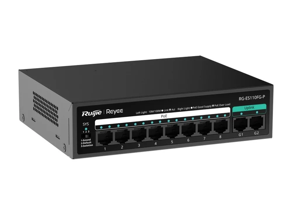 RG-ES110FG-P chụp nghiêng: 8 cổng PoE 10/100 Mbps và 2 cổng uplink Gigabit G1, G2