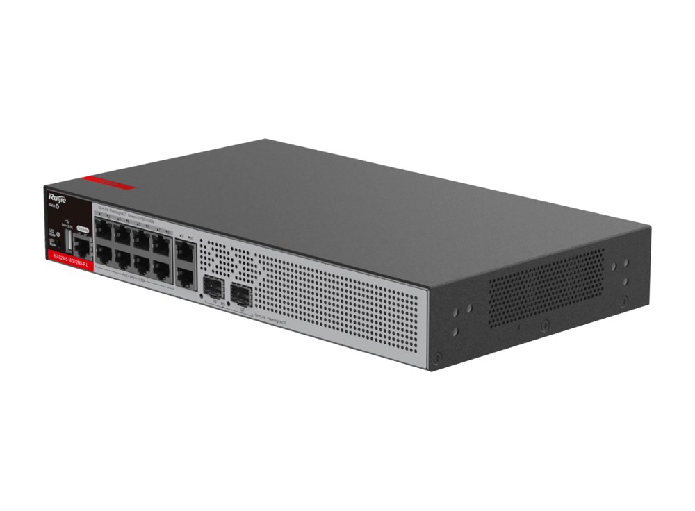 Switch PoE+ 10 cổng Ruijie RG-S2915-10GT2MS-P-L nhìn chéo phía trước, ảnh hãng