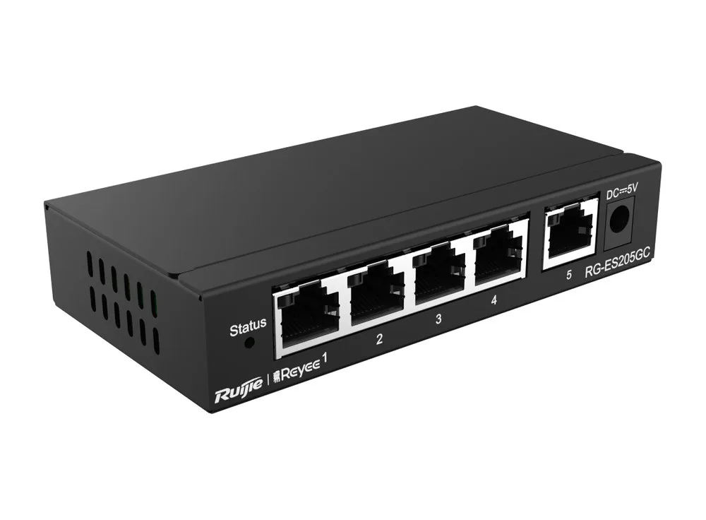 Switch Ruijie RG-ES205GC 5 cổng Gigabit chụp nghiêng, vỏ kim loại để bàn