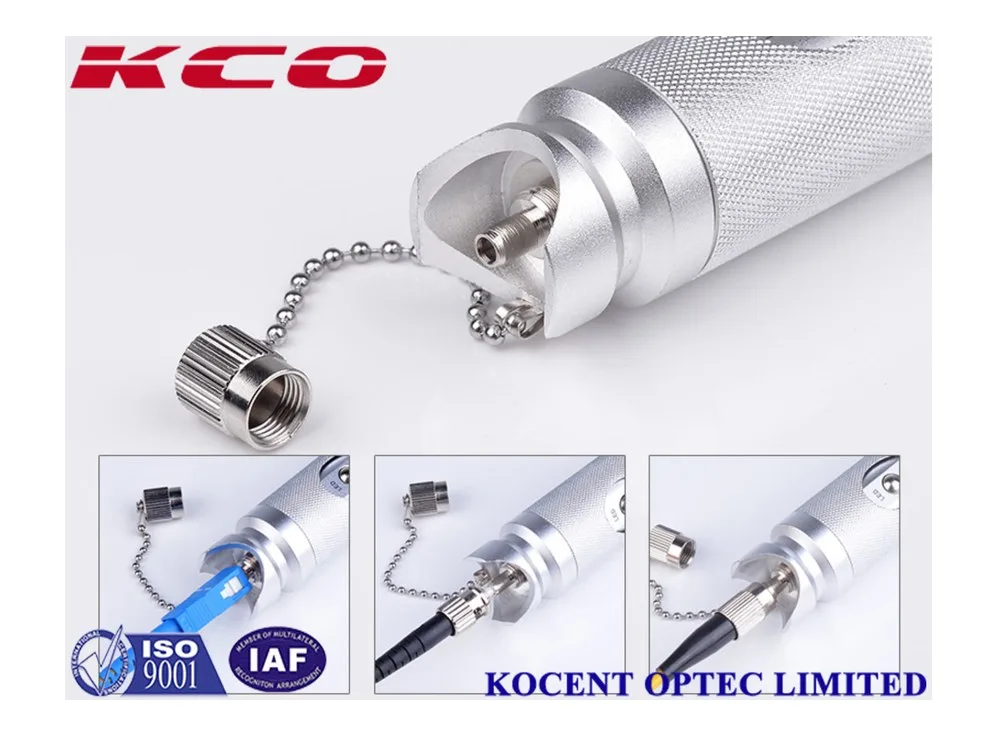 Đầu bút soi quang KCO-VFL có nắp đậy gắn xích và ảnh bút cắm vào đầu nối dây nhảy quang