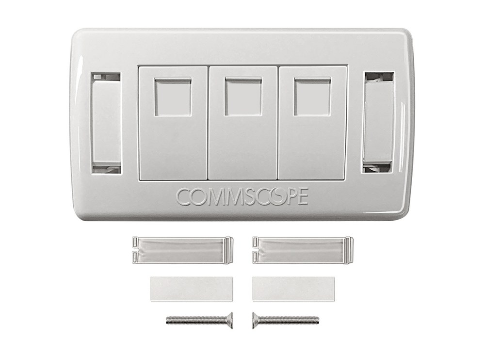 Mặt mạng 3 cổng Commscope 2-1427030-3 màu trắng cùng nắp ô nhãn, tấm nhãn và vít