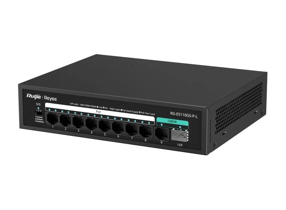 RG-ES110GS-P-L chụp nghiêng mặt trước: 8 cổng PoE Gigabit, cổng 9 và khe SFP