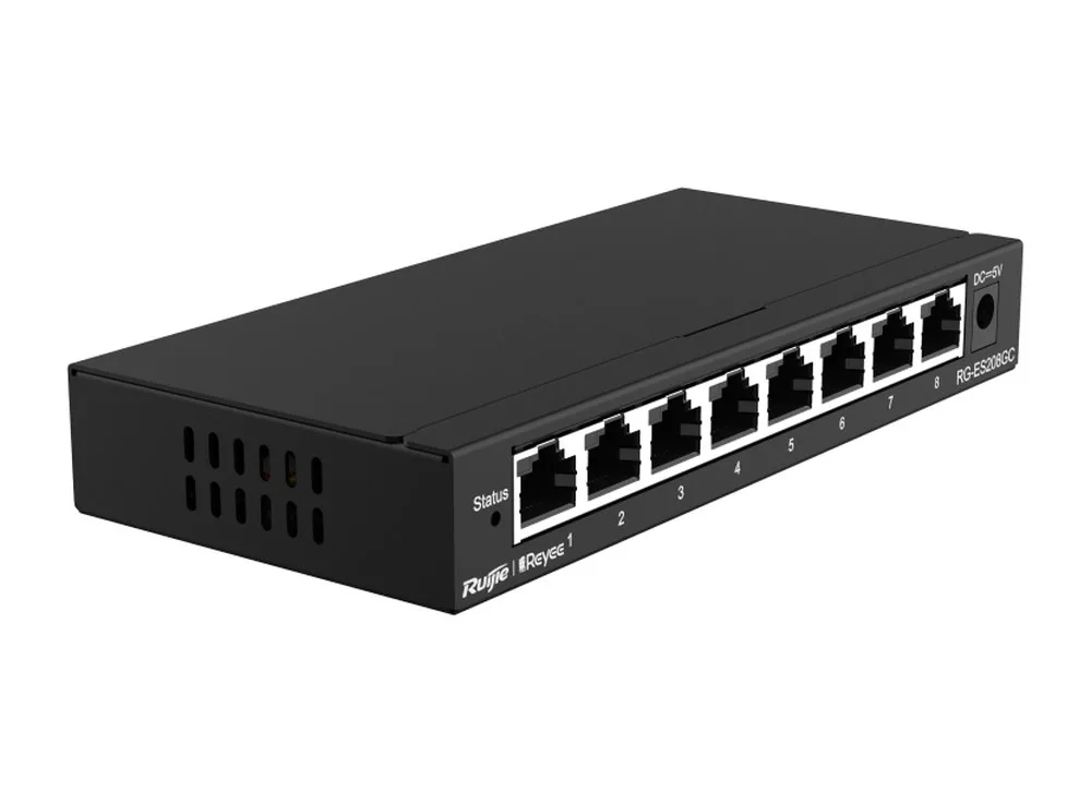 RG-ES208GC chụp nghiêng, dãy 8 cổng RJ45 Gigabit, ảnh hãng