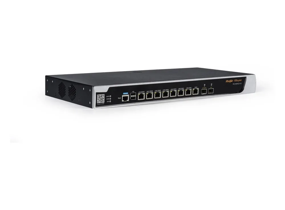 RG-NBR6215-E router bảo mật có cổng 10G SFP+ nhìn chéo phía trước, ảnh hãng Ruijie