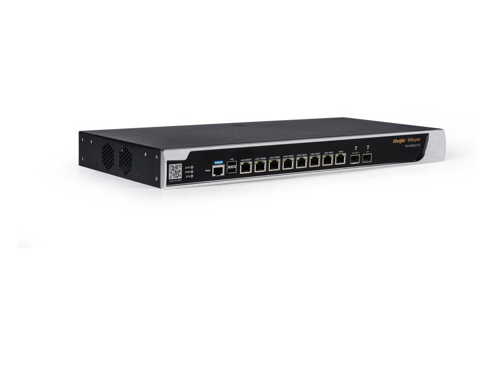 RG-NBR6215-E router bảo mật có cổng 10G SFP+ nhìn chéo phía trước, ảnh hãng Ruijie