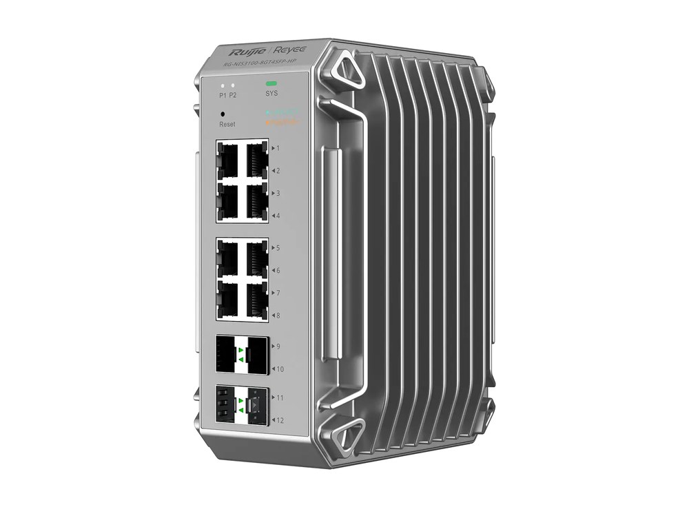 Switch công nghiệp Ruijie RG-NIS3100-8GT4SFP-HP nhìn chéo phía trước, ảnh hãng