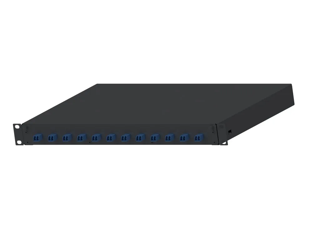 Hộp phối quang Panduit FD1W12BUDLCZ nhìn chéo, hàng 12 adapter LC duplex phía trước