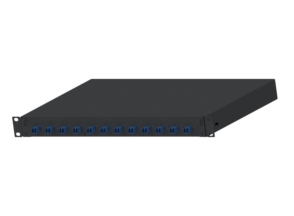 Hộp phối quang Panduit FD1W12BUDLCZ nhìn chéo, hàng 12 adapter LC duplex phía trước