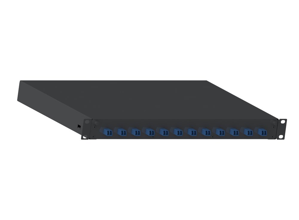 FD1W12BUDLCZ chụp góc nghiêng: vỏ thép đen 1U và tai bắt rack hai bên