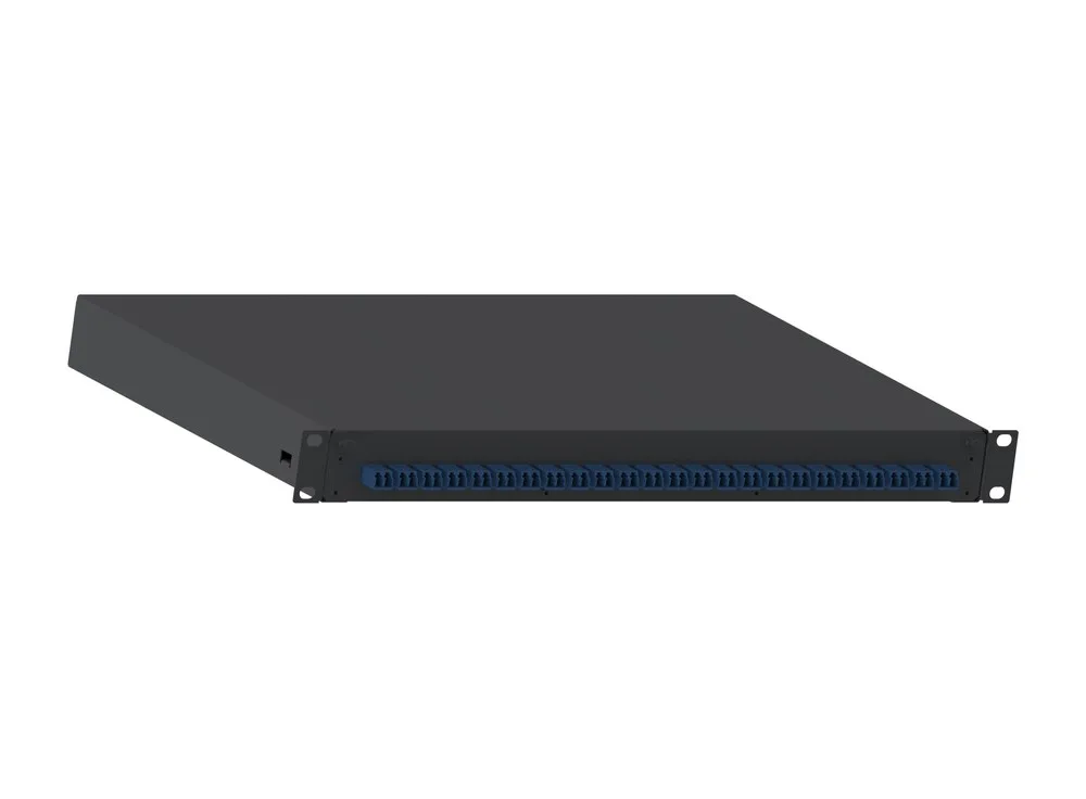 Hộp phối quang 24 cổng FD1W24BUDLCZ nhìn từ góc chéo, vỏ thép hai mảnh màu đen