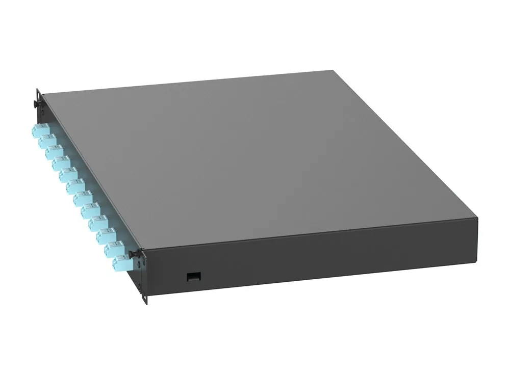 Hộp phối quang đa mode Panduit FD1W12AQDLCZ với 12 adapter LC duplex màu aqua, góc chéo