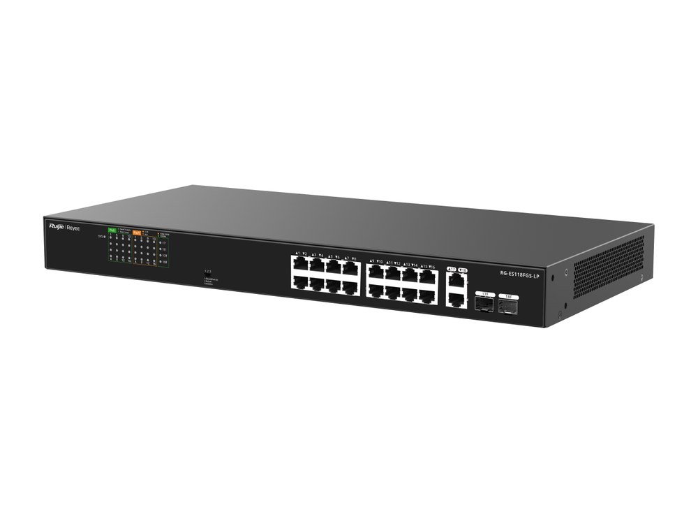 RG-ES118FGS-LP chụp nghiêng mặt trước: 16 cổng RJ45 PoE và 2 cổng combo Gigabit