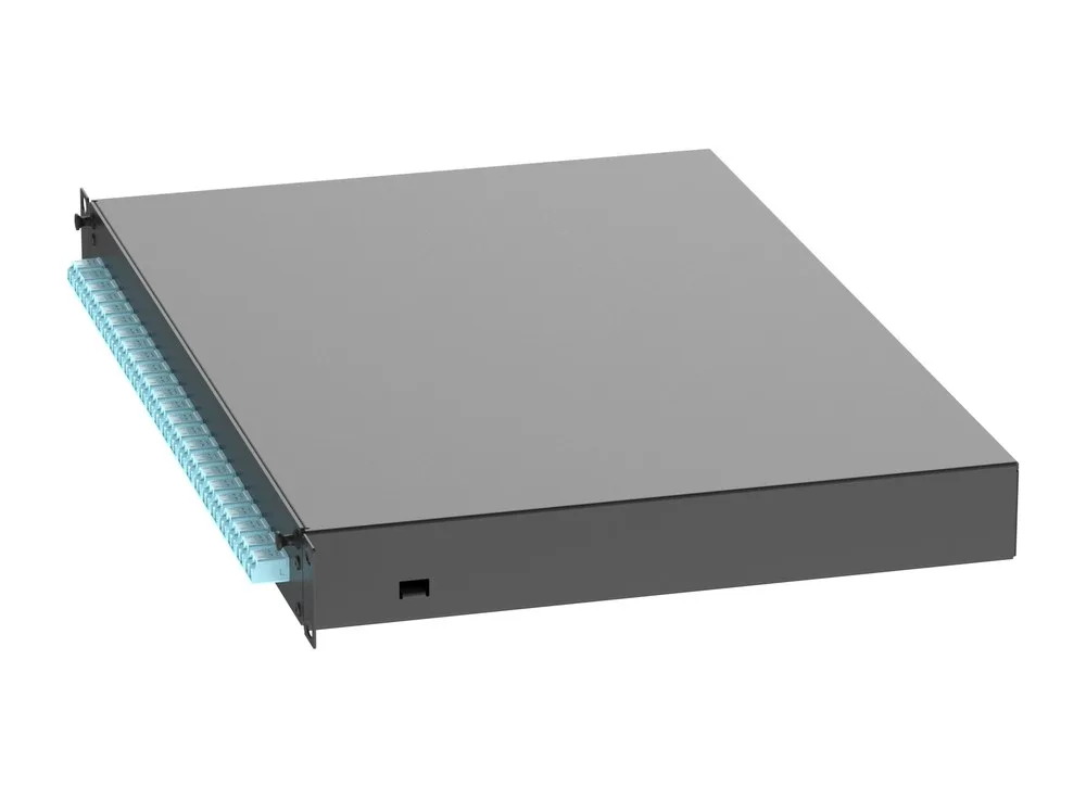 FD1W24AQDLCZ chụp nghiêng: 24 adapter LC duplex aqua dọc mặt trước hộp 1U