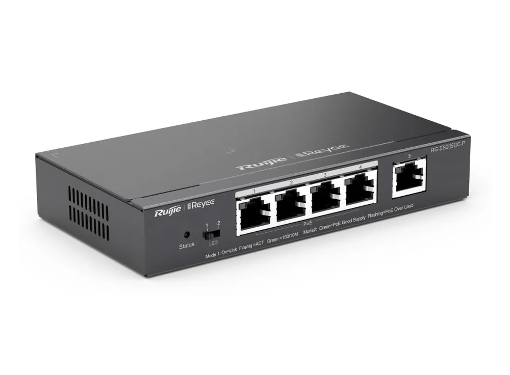 Switch PoE Ruijie RG-ES205GC-P chụp nghiêng, 4 cổng PoE+ và 1 cổng Gigabit