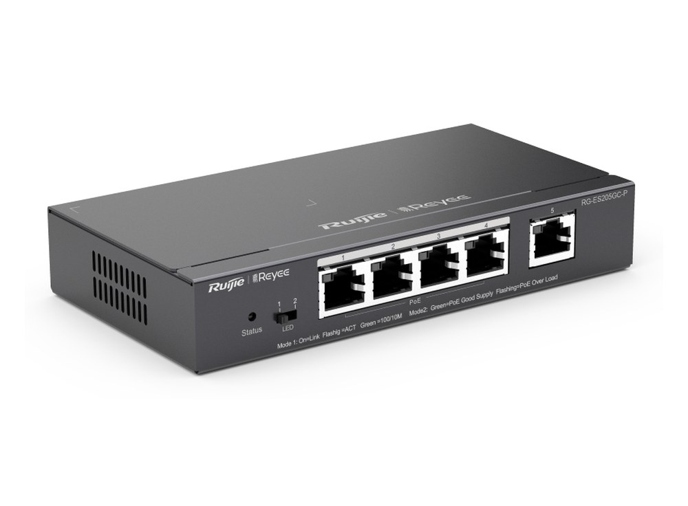 Switch PoE Ruijie RG-ES205GC-P chụp nghiêng, 4 cổng PoE+ và 1 cổng Gigabit