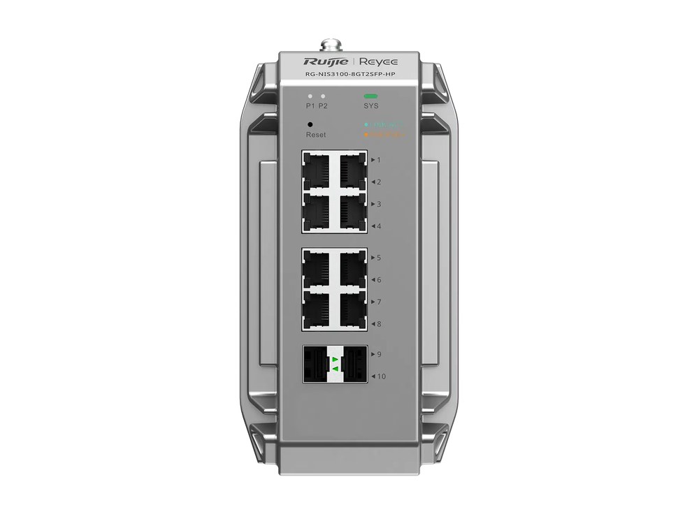 Mặt trước switch công nghiệp RG-NIS3100-8GT2SFP-HP với 8 cổng RJ45 và 2 cổng SFP, ảnh hãng